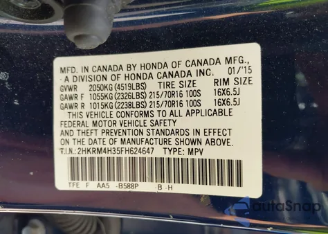 2015 Honda Cr-V Lx z USA, uszkodzony, nr VIN 2HKRM4H35FH624647